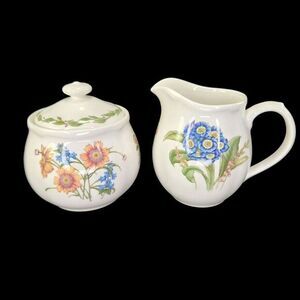 Noritake Gourmet Garden Sugar Bowl With Lid And Creamer Set Floral Botanical Vtg